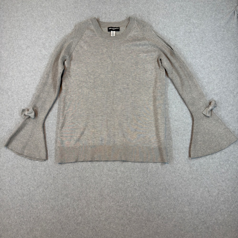 Karl Lagerfeld Sweater S Gray Cold Shoulder Bow Bell Sleeve Coquette Balletcore